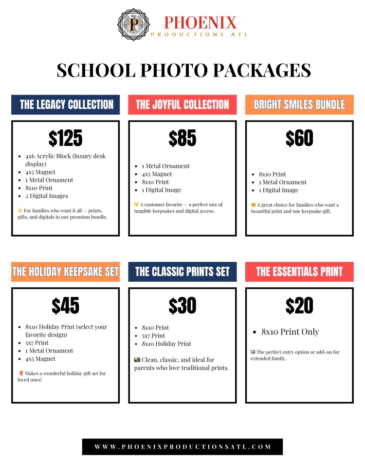 School photo packages and pricing guide from Phoenix Productions ATL featuring print and keepsake collections for Atlanta area schools.